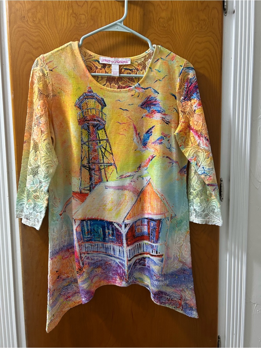 Leoma Lovegrove Women's Multicolor Lighthouse Art Print Lace-Sleeve Top